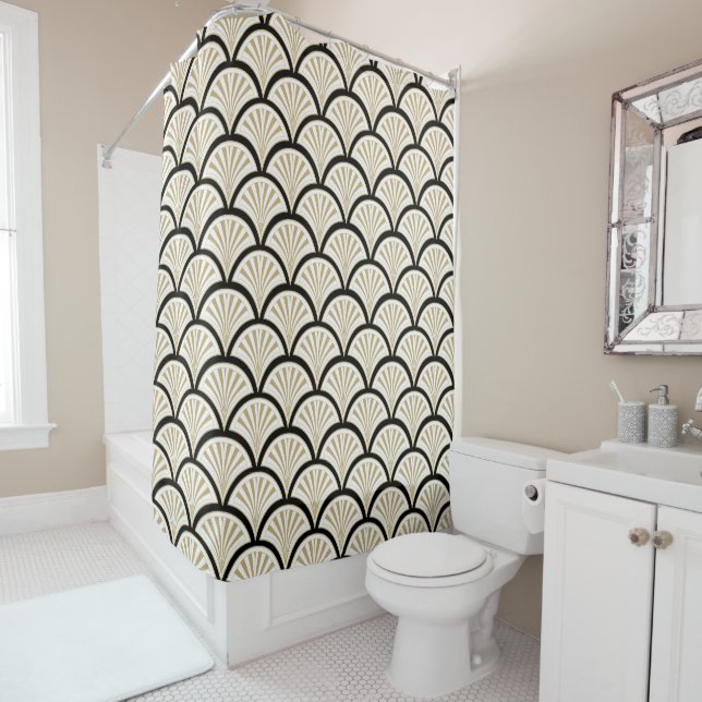 Beige and black art-deco seamless pattern shower curtain (In Situ)