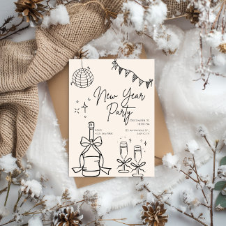 Beige and Black Doodle Simple New Year's Eve Party Invitation