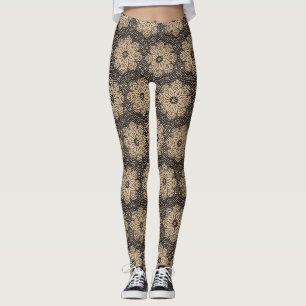 Beige and black ethnic mandala pattern leggings