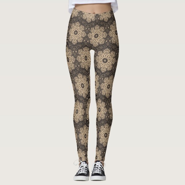 Beige and black ethnic mandala pattern leggings (Front)