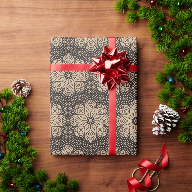 Beige and black ethnic mandala pattern wrapping paper (Holiday Gift)