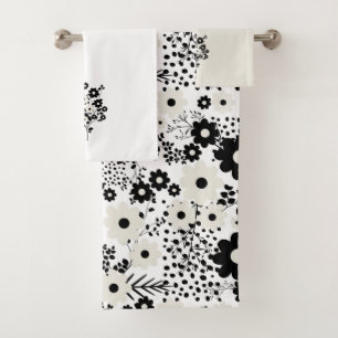 Beige and Black Flowers Bath Towel Set