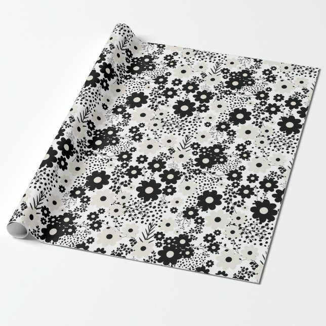 Beige and Black Flowers Wrapping Paper (Unrolled)