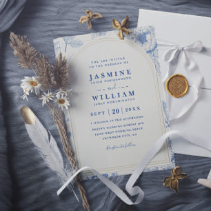 Beige and Blue Floral Elegant QR Code Wedding Invitation