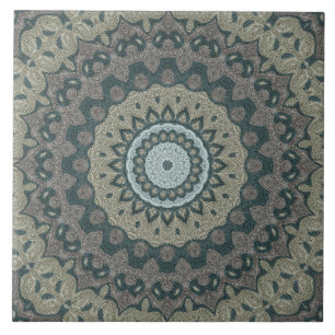 Beige and Blue Grey Mandala Kaleidoscope Medallion Ceramic Tile