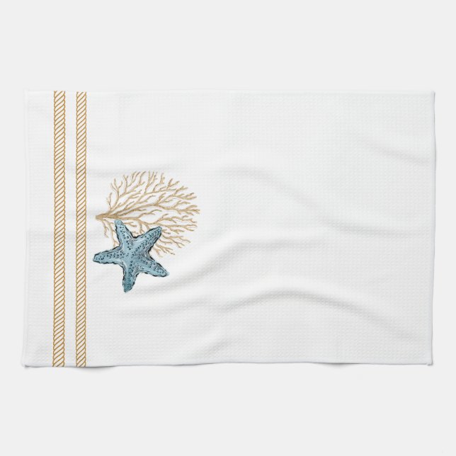 Beige and Blue Rope and Starfish Kitchen Towel (Horizontal)