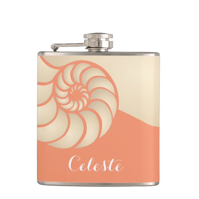 Beige and Coral Nautilus Shell with Monogram Hip Flask (Front)