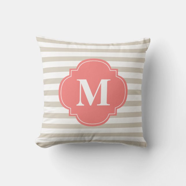 Beige and Coral Stripes Monogram Cushion (Front)