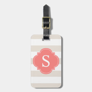 Beige and Coral Stripes Monogram Luggage Tag