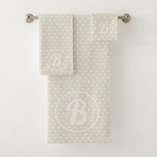 Beige and Cream Polka Dot Monogram Bath Towel Set