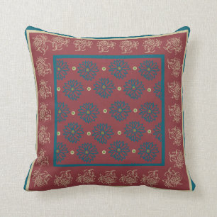 Beige and Dark Blue Oriental Floral on Maroon Cushion