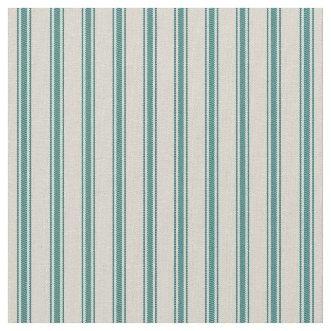 Beige and Dark Teal Classic Ticking Stripes Fabric (Close Up)