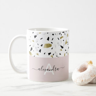 Beige and gold foil terrazzo pattern monogram coffee mug
