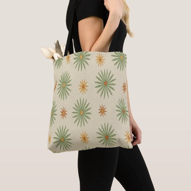 Beige and Green Boho Starburst Tote Bag (Close Up)