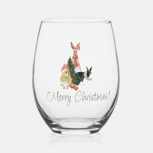 Beige and Green Christmas Greeting Stemless Wine Glass