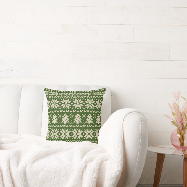 Beige and Green Christmas Sweater Pattern Cushion (Couch)