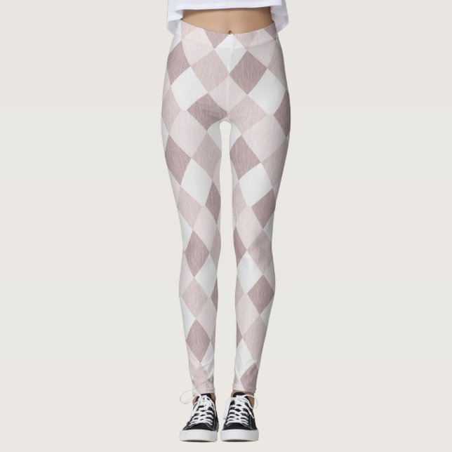 Beige and Grey Geometric Patchwork Pattern Oblique Leggings (Front)