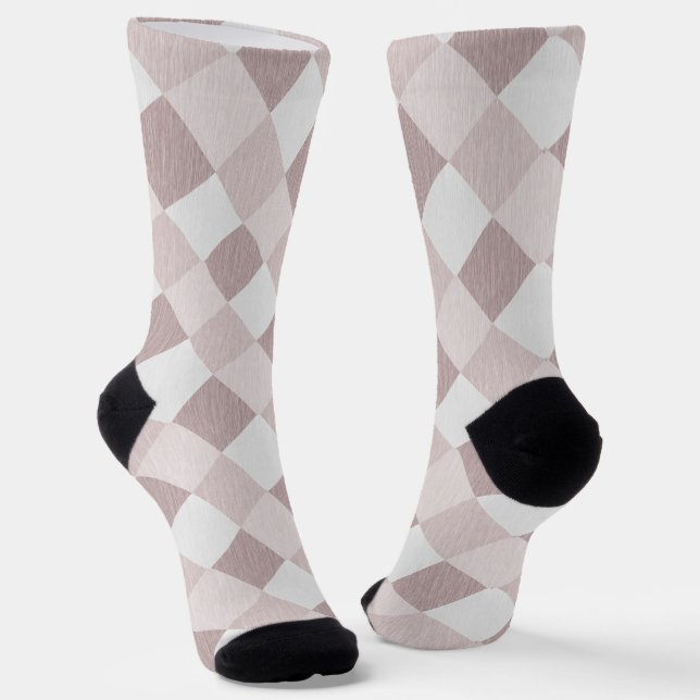Beige and Grey Geometric Patchwork Pattern Oblique Socks (Angled)