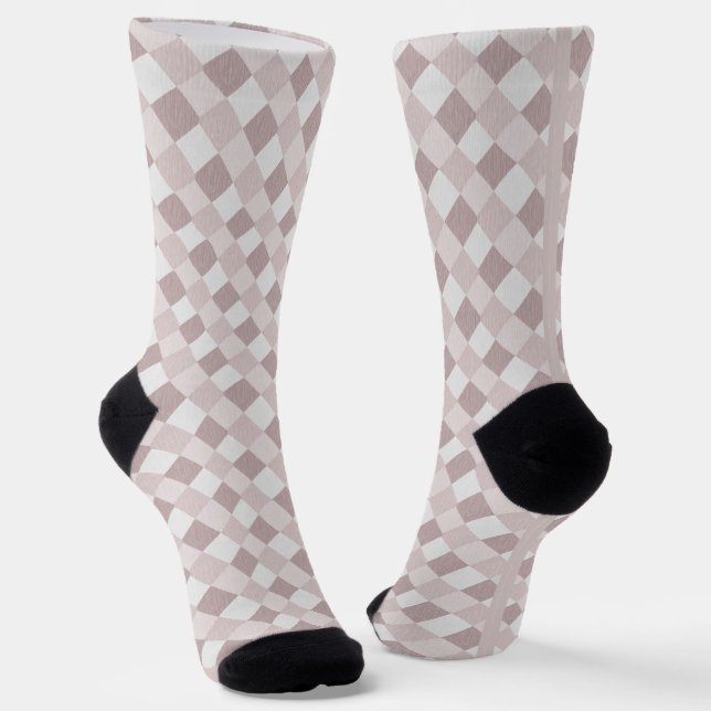 Beige and Grey Geometric Patchwork Pattern Oblique Socks (Angled)