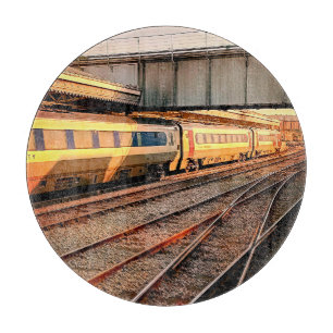 Beige and maroon train cutting board