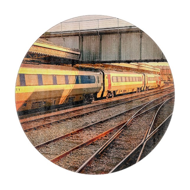 Beige and maroon train cutting board (Front)