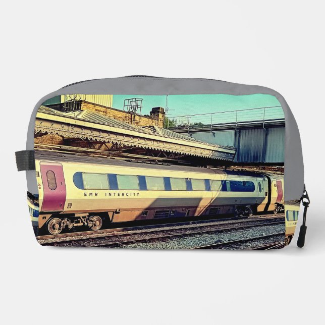 Beige and Maroon train Dopp Kit (Front)