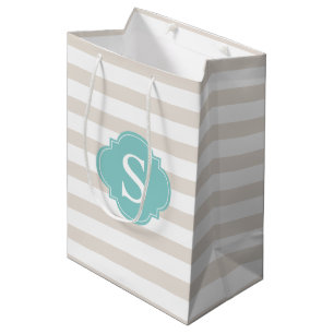 Beige and Mint Stripes Pattern and Monogram Medium Gift Bag