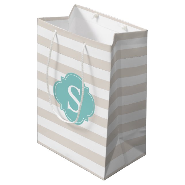 Beige and Mint Stripes Pattern and Monogram Medium Gift Bag (Front Angled)