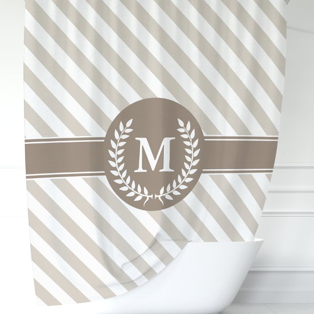 Beige and Mocha Striped Laurel Monogram Shower Curtain (Creator Uploaded)