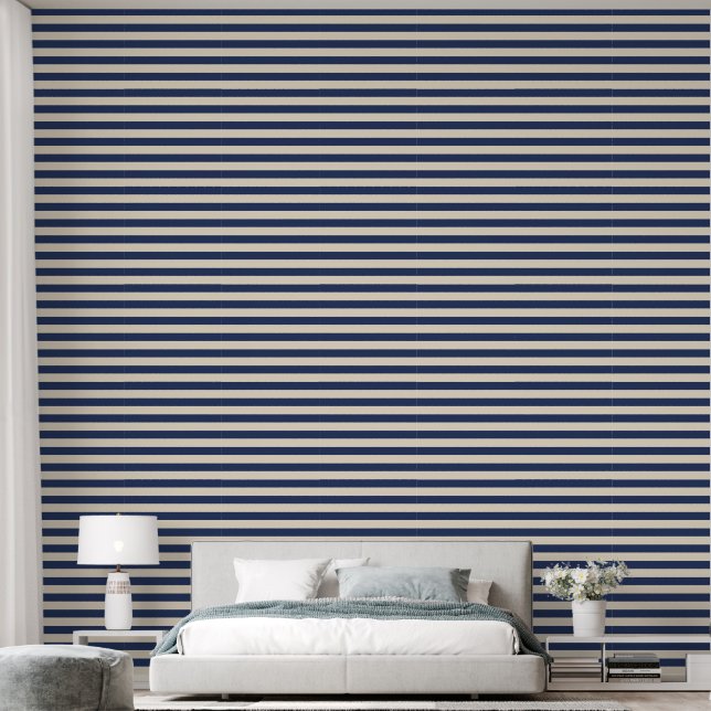 Beige and Navy Blue Nautical Stripes Wallpaper (Bedroom)