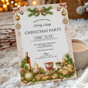 Beige and Pine Greenery Ribbon Christmas Party Invitation