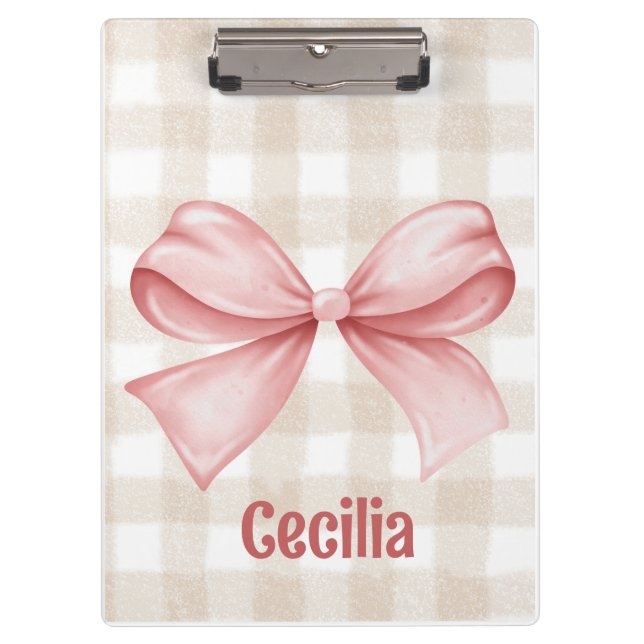 Beige and pink gingham with watercolor bow  clipboard (Front)