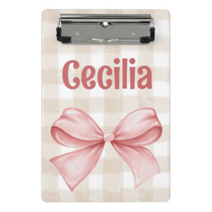 Beige and pink gingham with watercolor bow mini clipboard