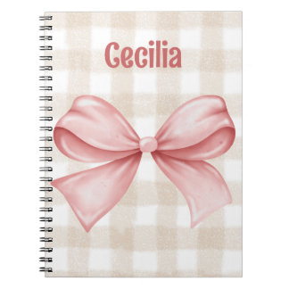 Beige and pink gingham with watercolor bow  notebook