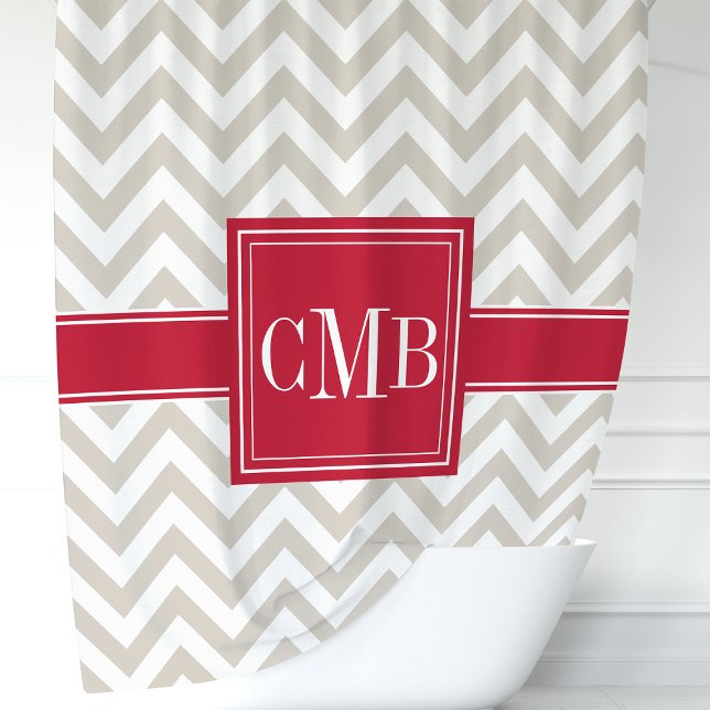 Beige and Red Chevron Monogram Shower Curtain (Creator Uploaded)