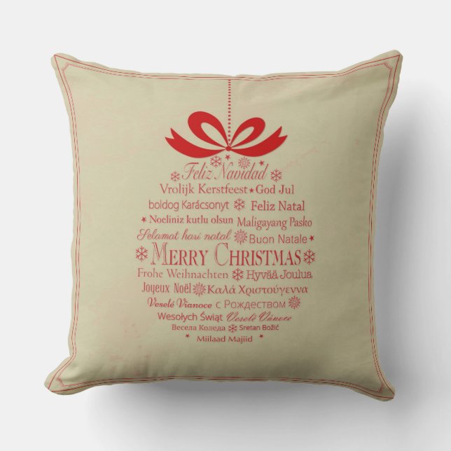Beige And Red Multilingual Merry Christmas Cushion (Front)