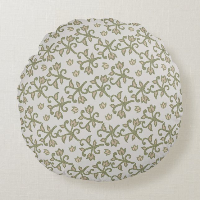 Beige and Sage Green Elegant Floral Vines Patten Round Cushion (Front)