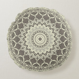 Beige and Taupe Mandala Pattern Design Round Cushion