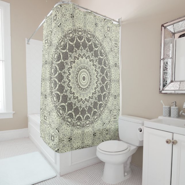 Beige and Taupe Mandala Pattern Design Shower Curtain (In Situ)