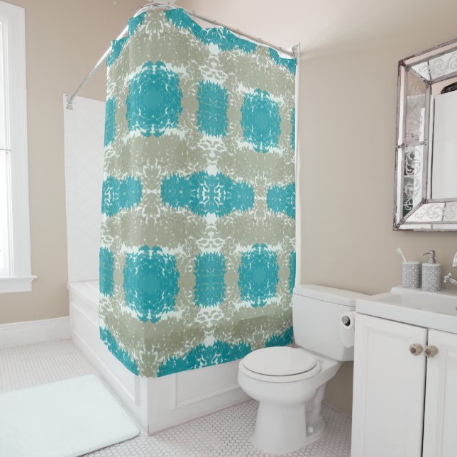 Beige and Teal Bath Shower Curtain (In Situ)