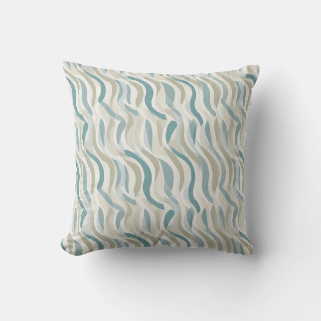 Beige and Teal Blue Abstract Wave Pattern Cushion (Front)