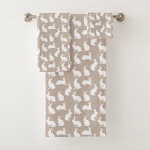 Beige And White Bunnies Neutral Stylish Easter Bath Towel Set