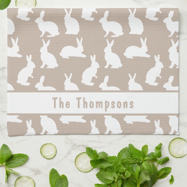 Beige And White Bunny Pattern And Name Easter Tea Towel (Folded)