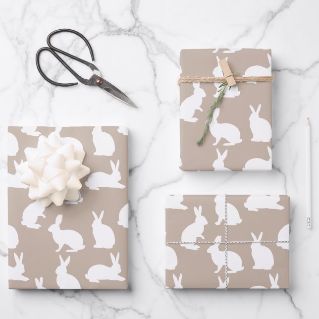 Beige And White Bunny Pattern Modern Easter Wrapping Paper Sheet (Front)