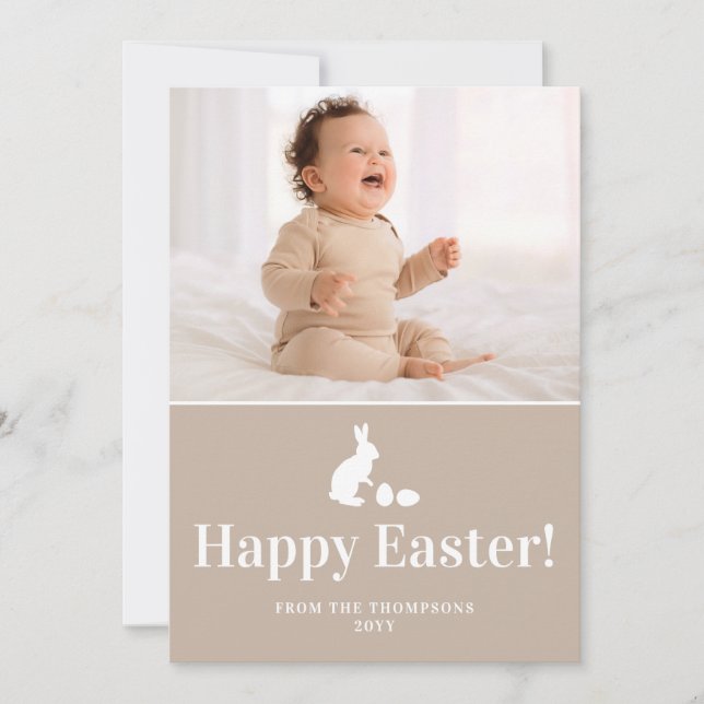Beige And White Bunny With Custom Photo Easter Card (Front)