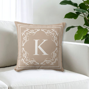 Beige And White Decorative Frame Custom Monogram Cushion