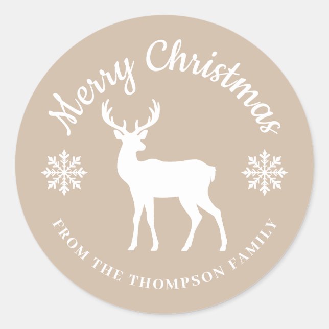 Beige And White Deer And Snowflakes Christmas Classic Round Sticker (Front)
