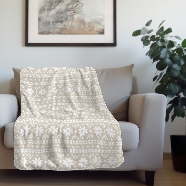 Beige and White Fair Isle Print | Holiday Decor Sherpa Blanket (Creator Uploaded)