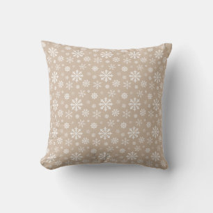 Beige And White Festive Winter Snowflake Pattern Cushion