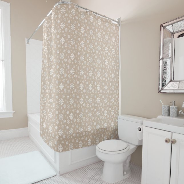 Beige And White Festive Winter Snowflake Pattern Shower Curtain (In Situ)